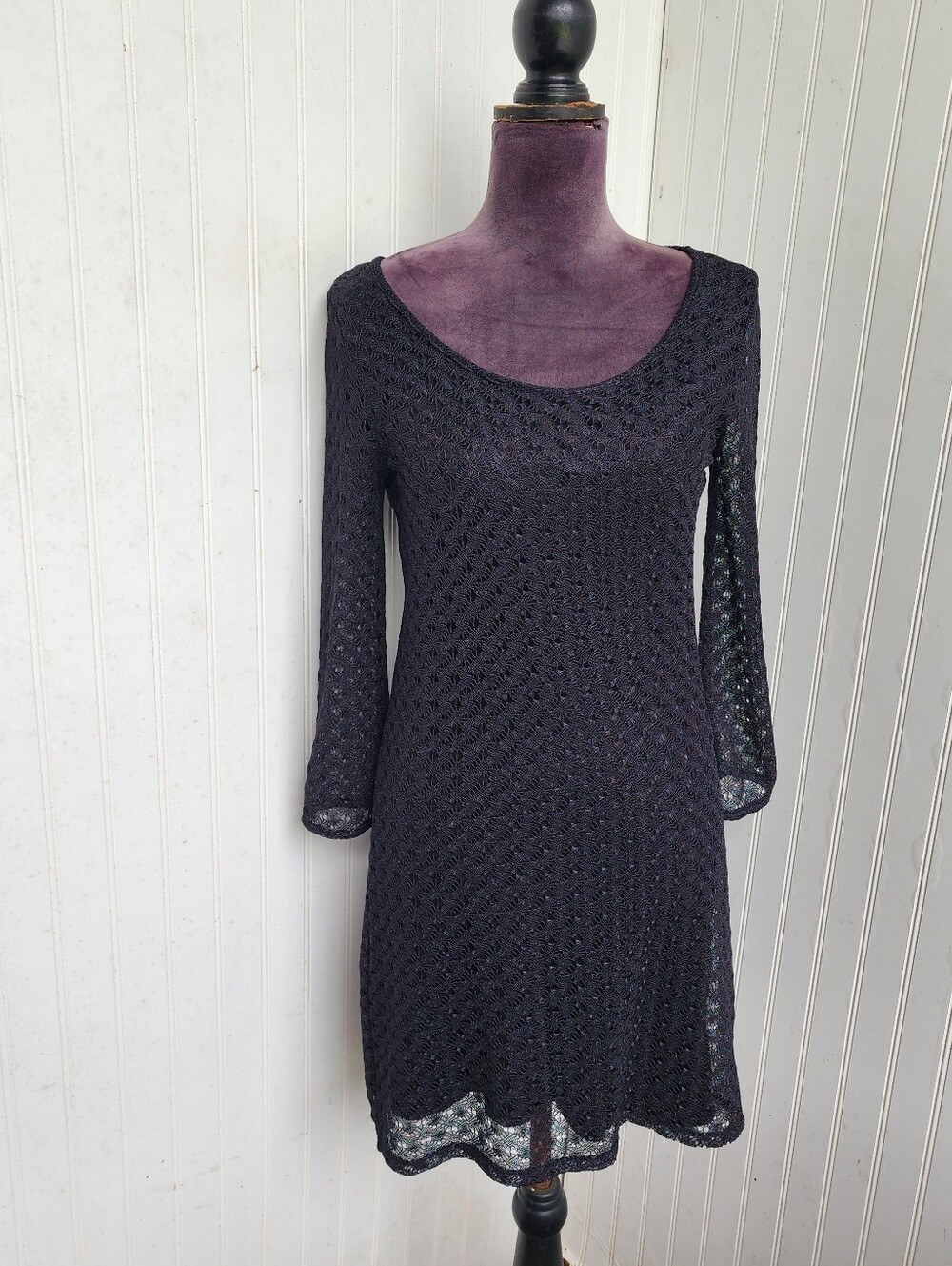 Lucky Brand Black Crochet Lace Nylon Scoop Neck Shiny Dress 3/4 Sleeve Sz S